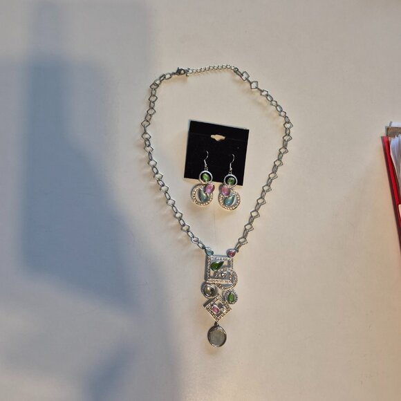 Vintage Butler Geometric Coloured Gemstone Necklace and Earrings Set Signed - Picture 8 of 15